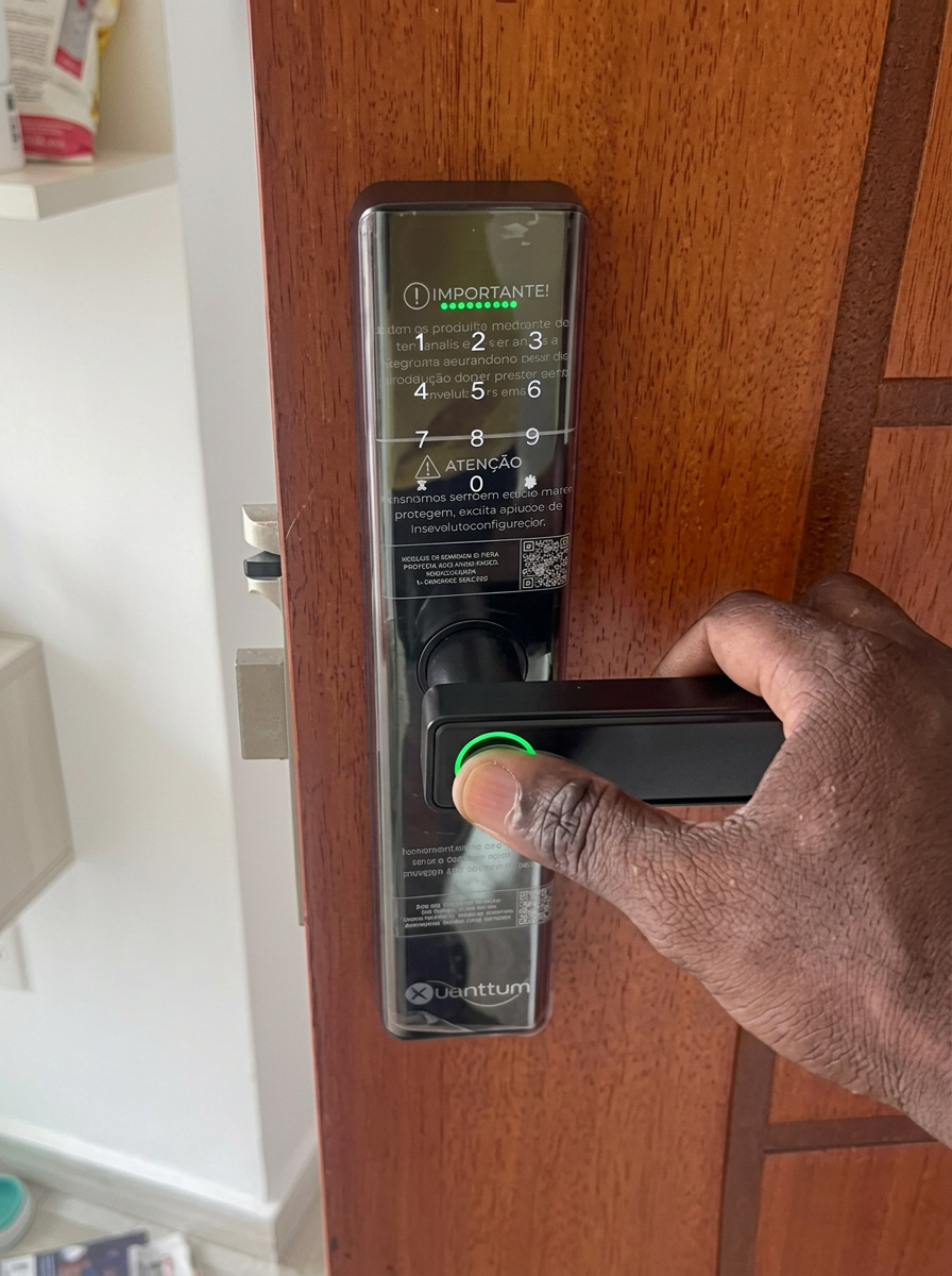 Fechadura digital Kuanttum instalada em porta de madeira