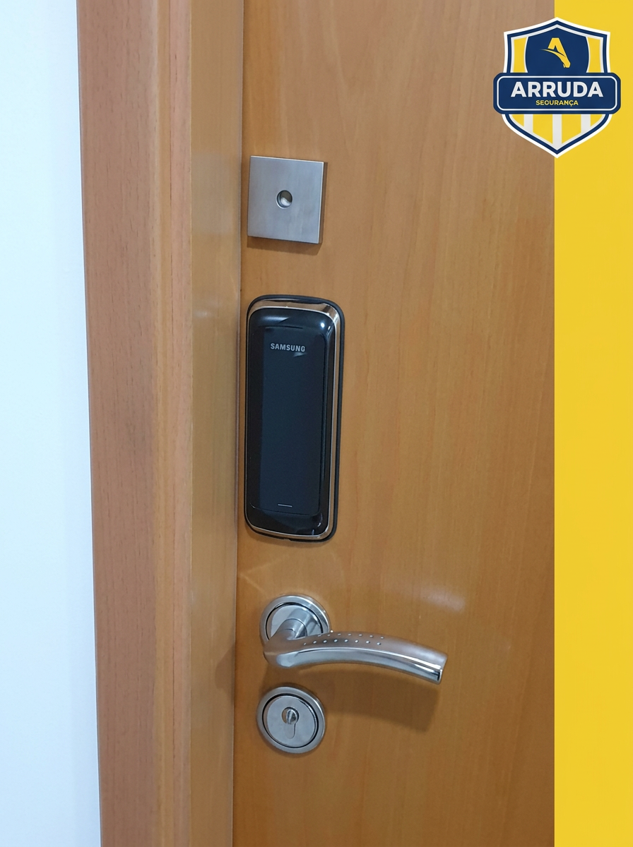 Fechadura digital Samsung instalada em porta de madeira
